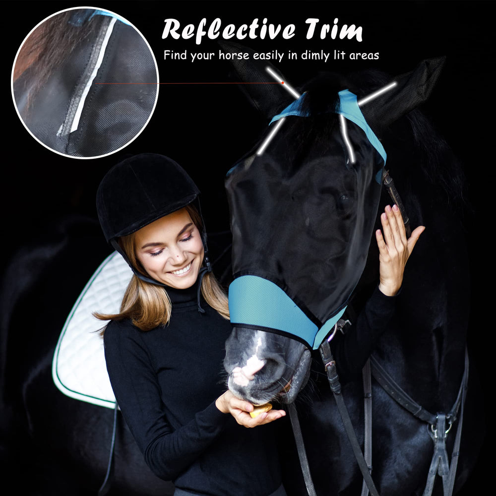 SMFUSMFU blue fly mask provides UV protection for sunny rides.