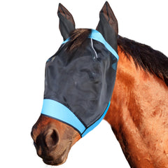SMFUSMFU fly mask on blue horse, front view showing eye protection.