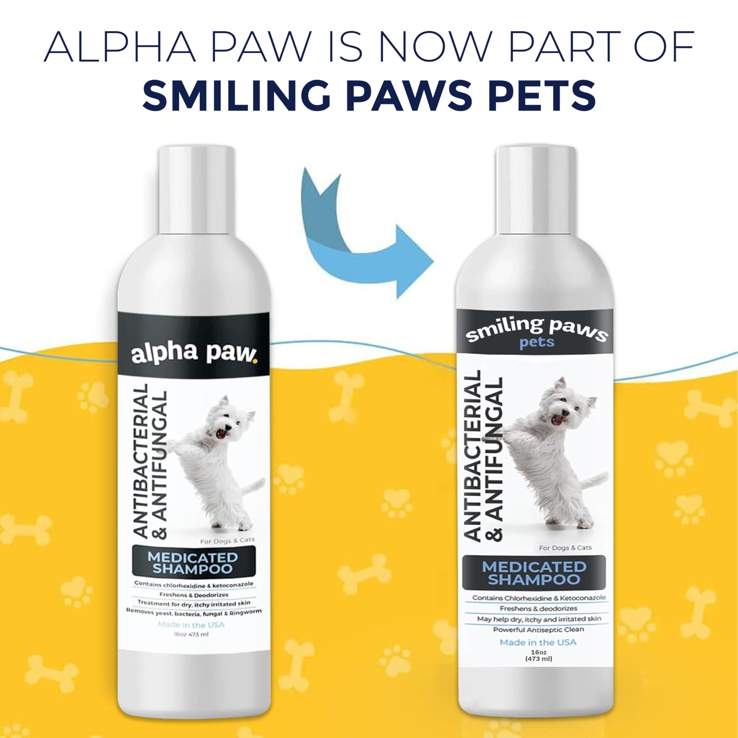 Smiling Paws Medicated Shampoo bottle back label highlighting vet-grade ingredients.