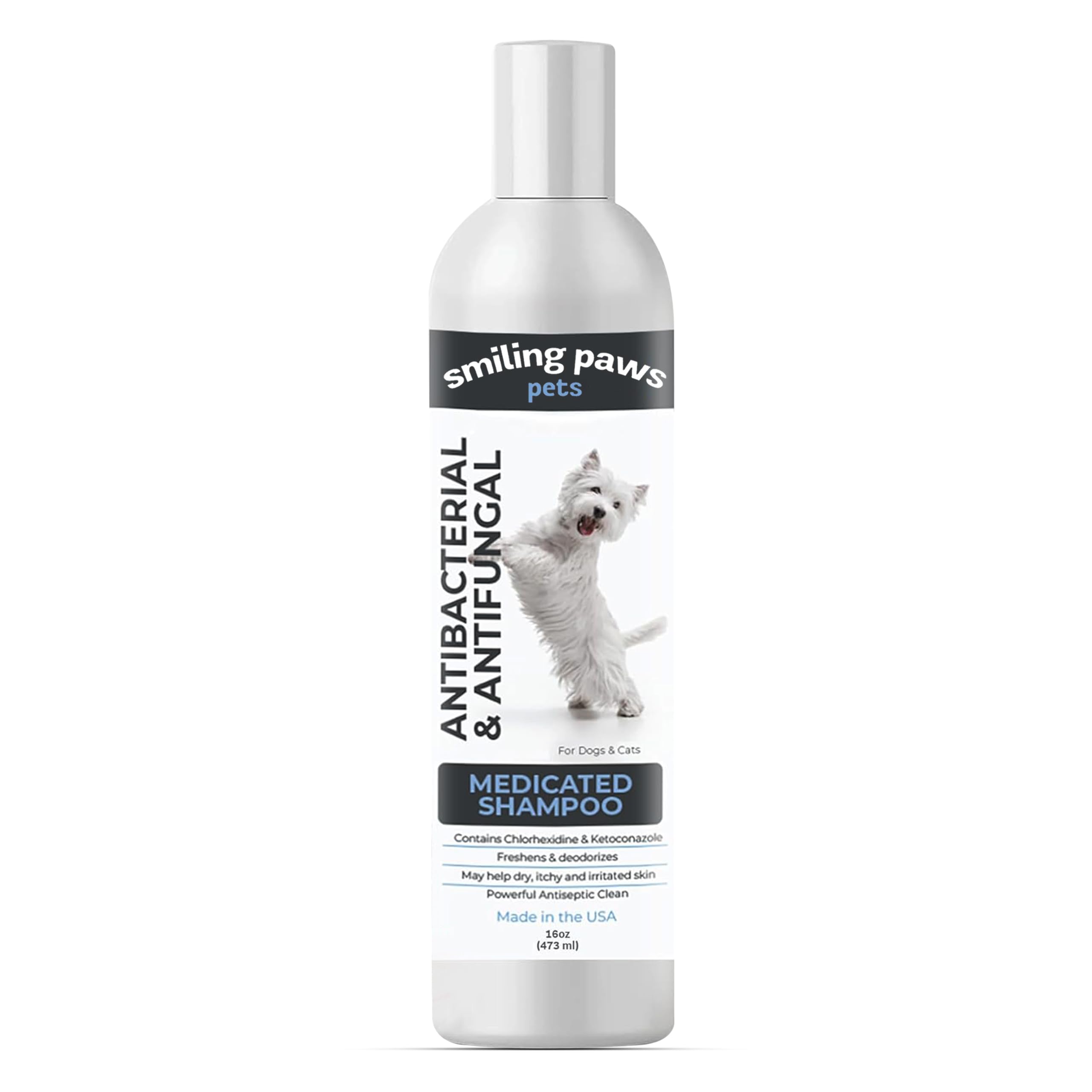 Smiling Paws Medicated Shampoo bottle front with passionfruit scent for healthy skin.