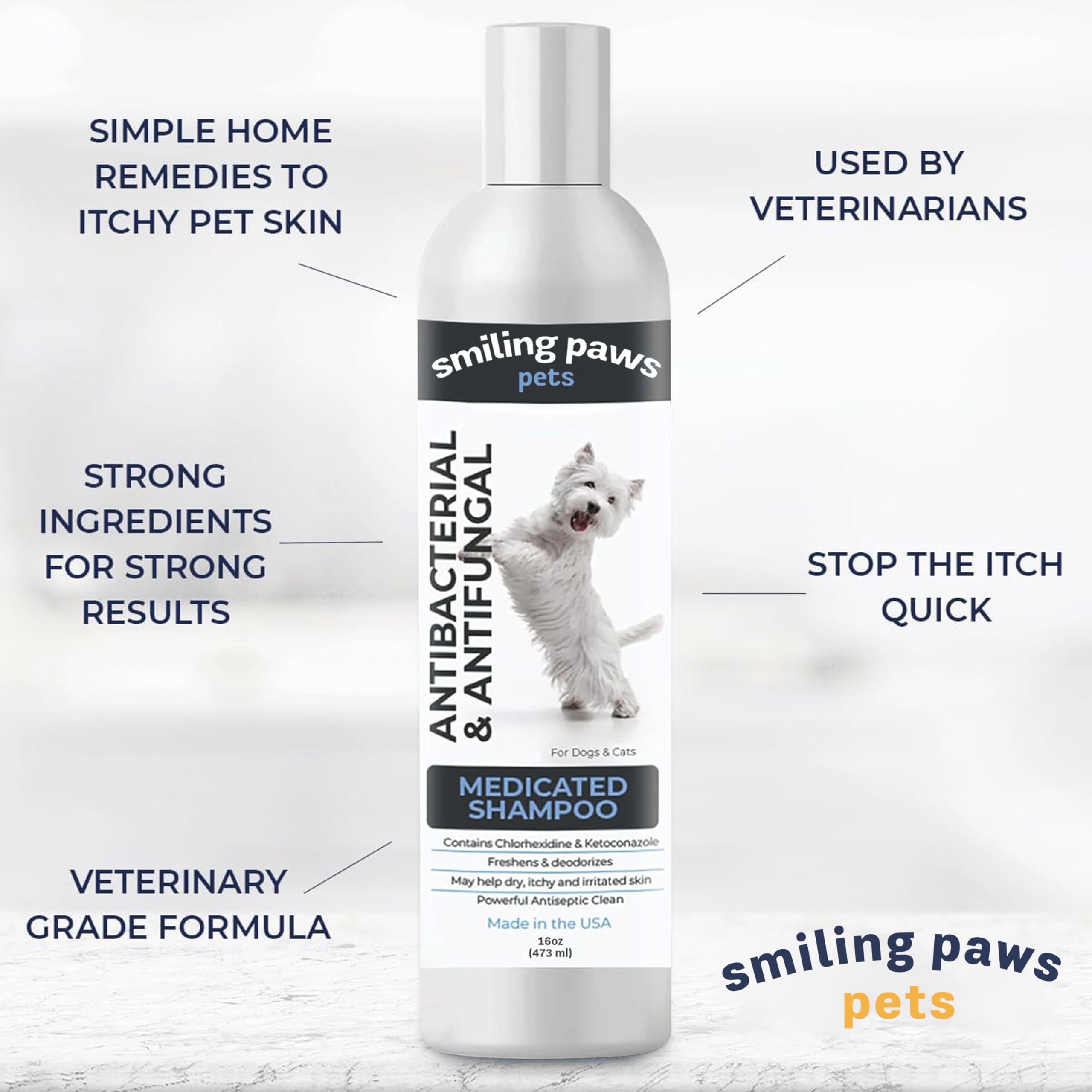 Smiling Paws Medicated Shampoo lather close-up showing rich foam for effective cleansing.