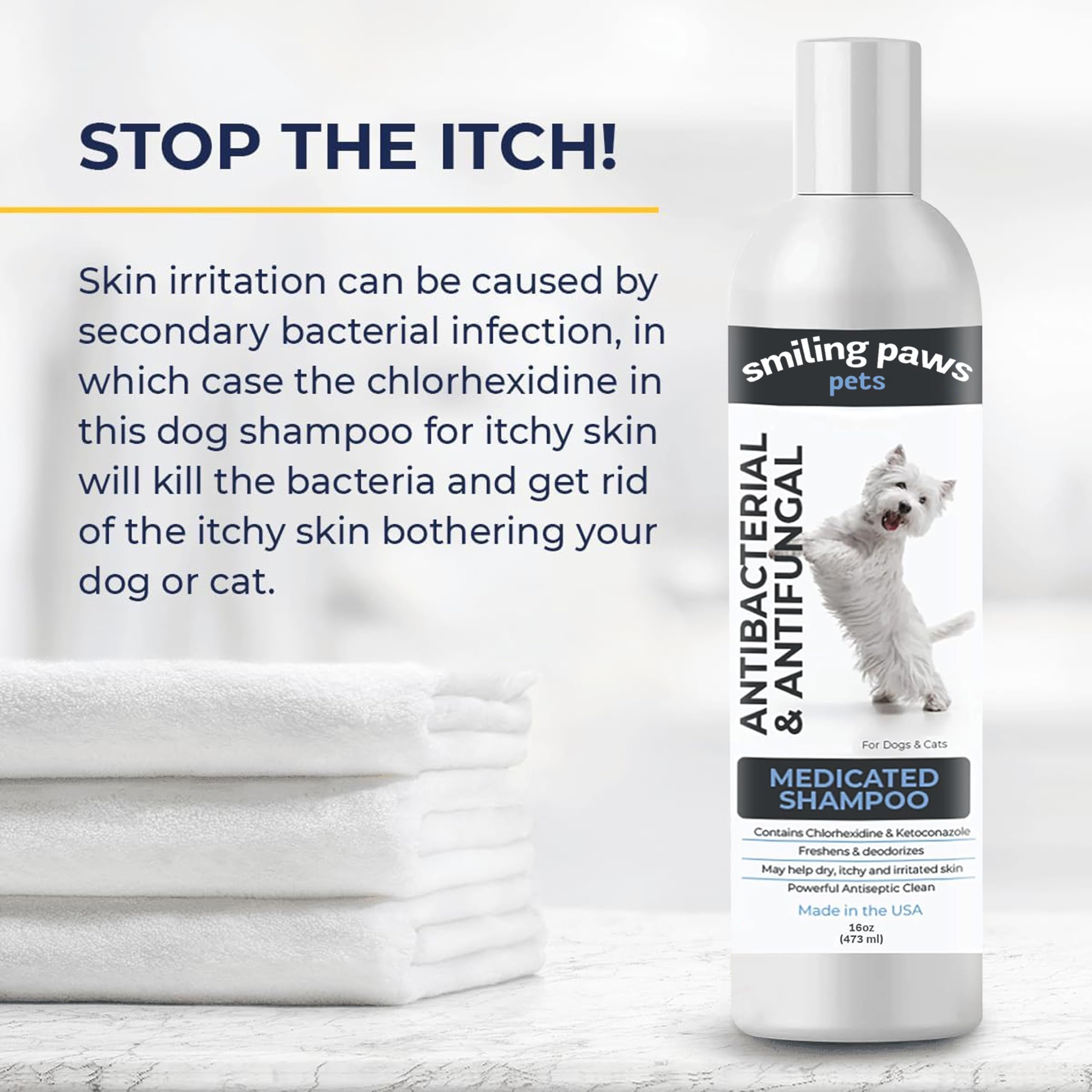 Smiling Paws Medicated Shampoo being poured for gentle, even application.