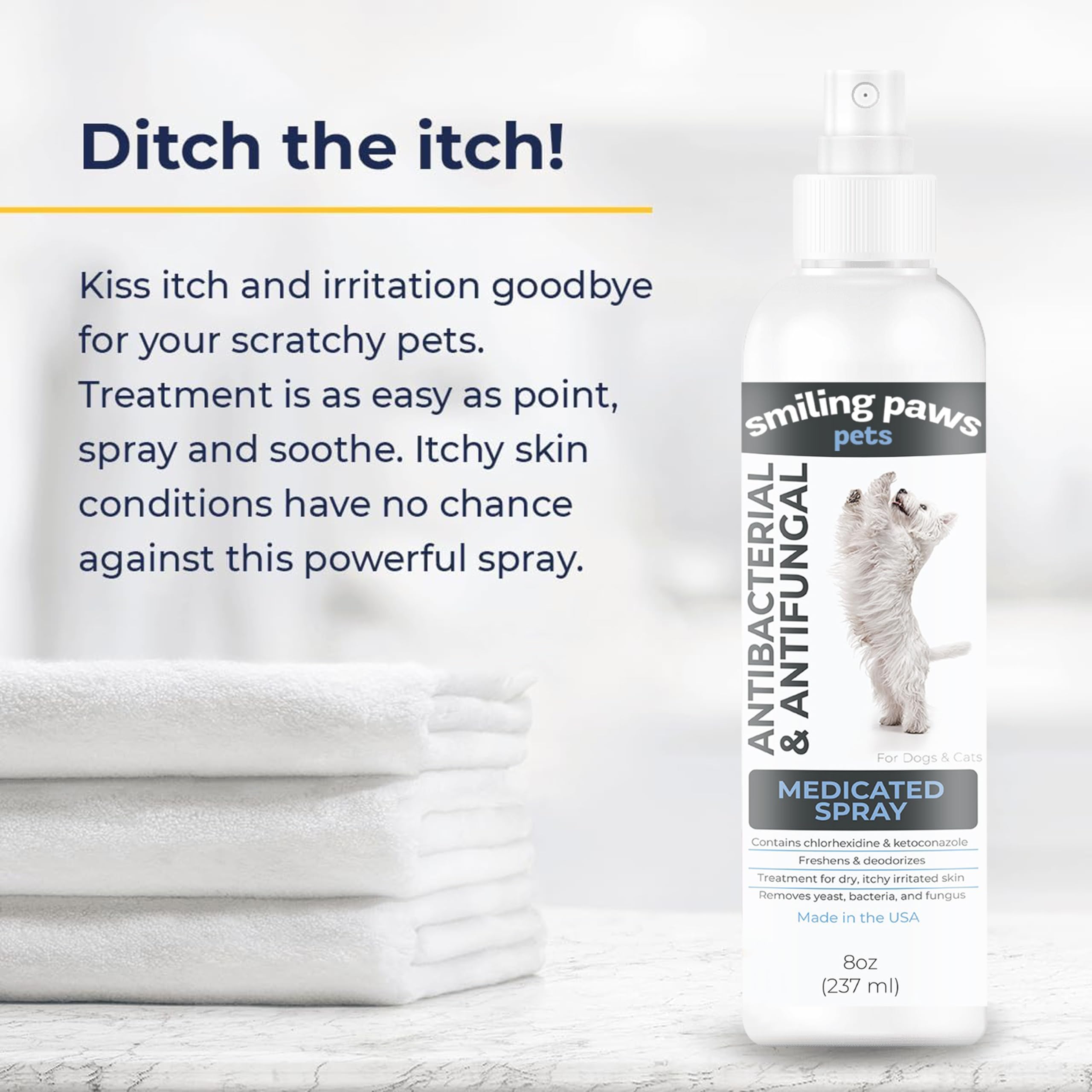 Smiling Paws nozzle and bottle in view illustrating easy application for pets.