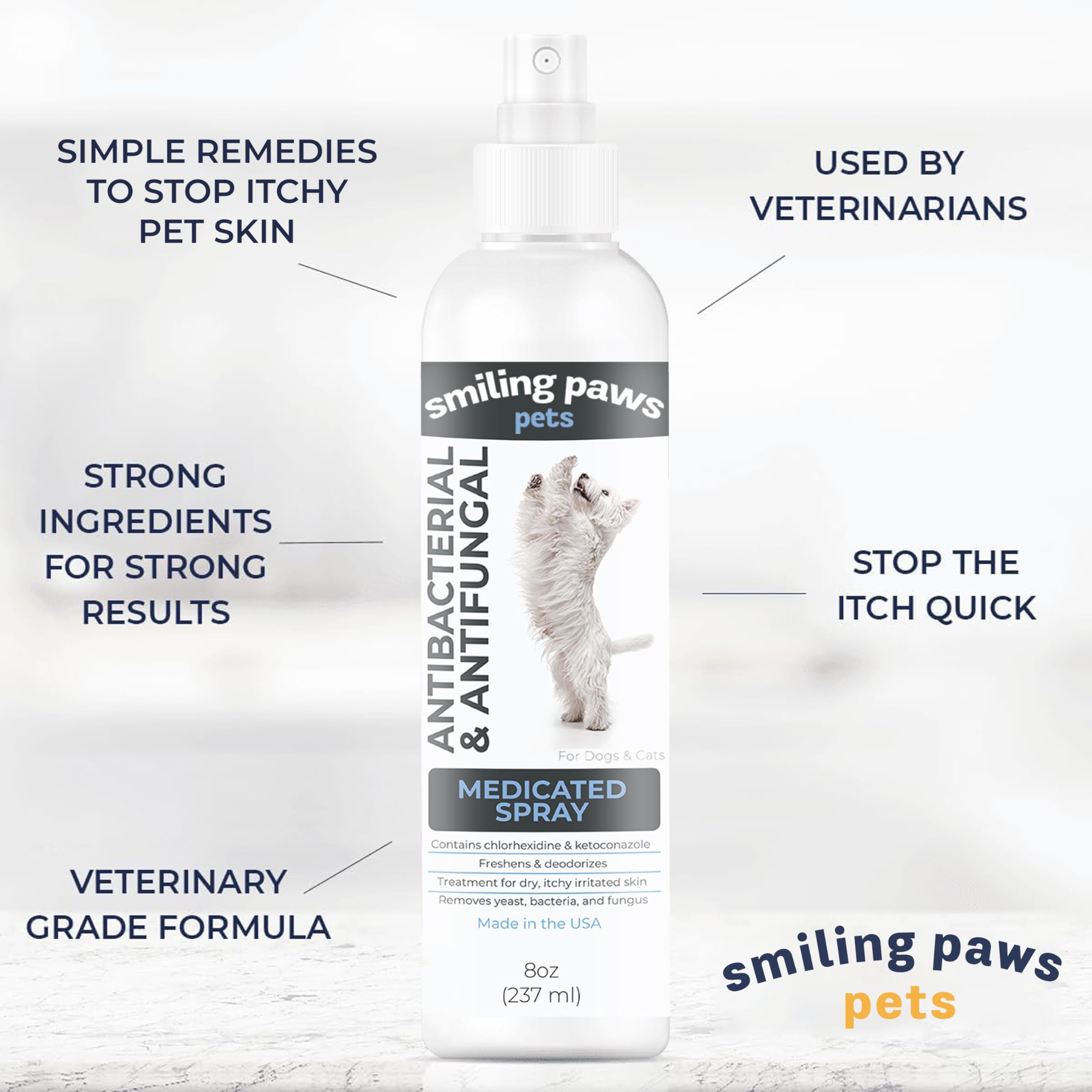 Smiling Paws bottle label close-up showing veterinary-grade antiseptic formula for pets.