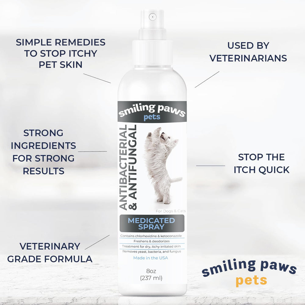 Smiling Paws bottle label close-up showing veterinary-grade antiseptic formula for pets.