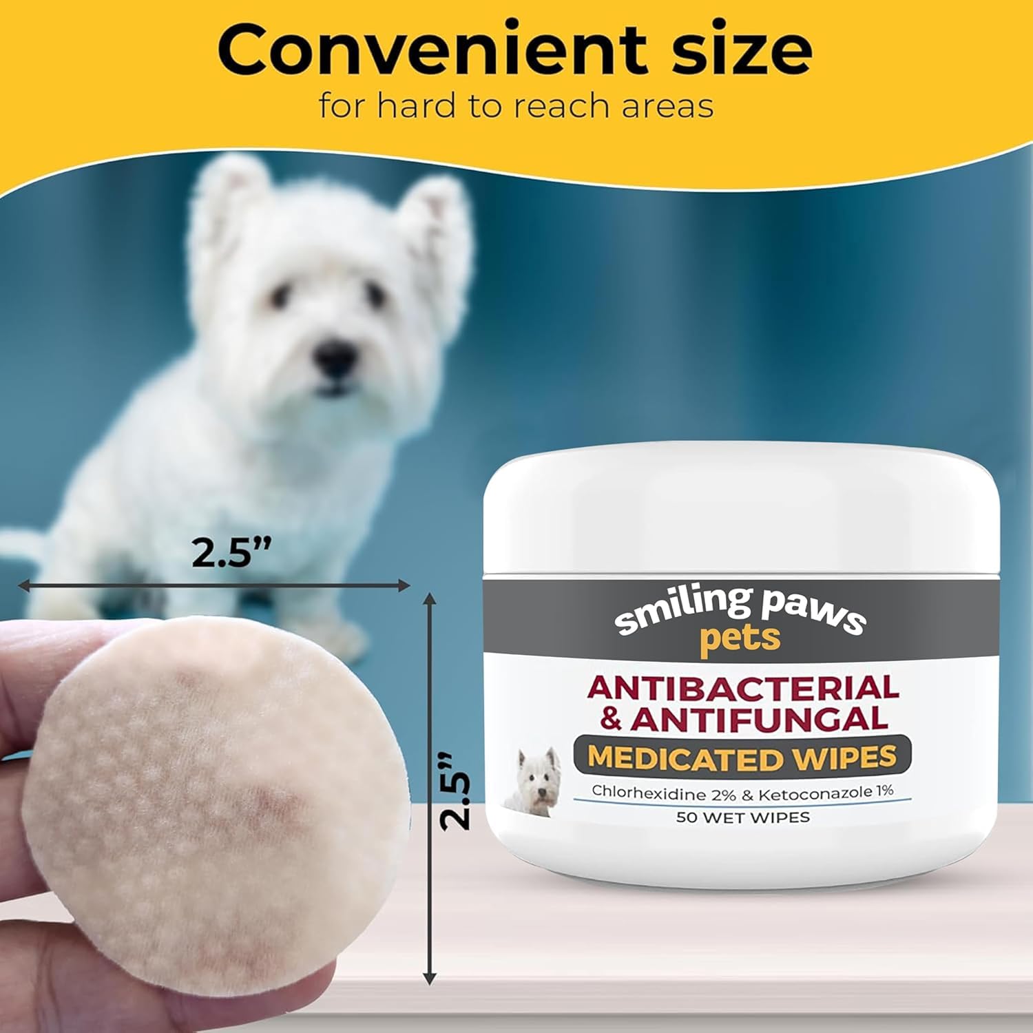 Smiling Paws Pets antibacterial wipes closeup ingredients highlight ketoconazole and chlorhexidine for skin care.