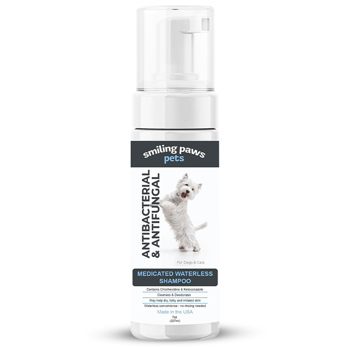 Smiling Paws Pets Medicated Waterless Shampoo bottle provides quick, water-free cleansing for busy owners.