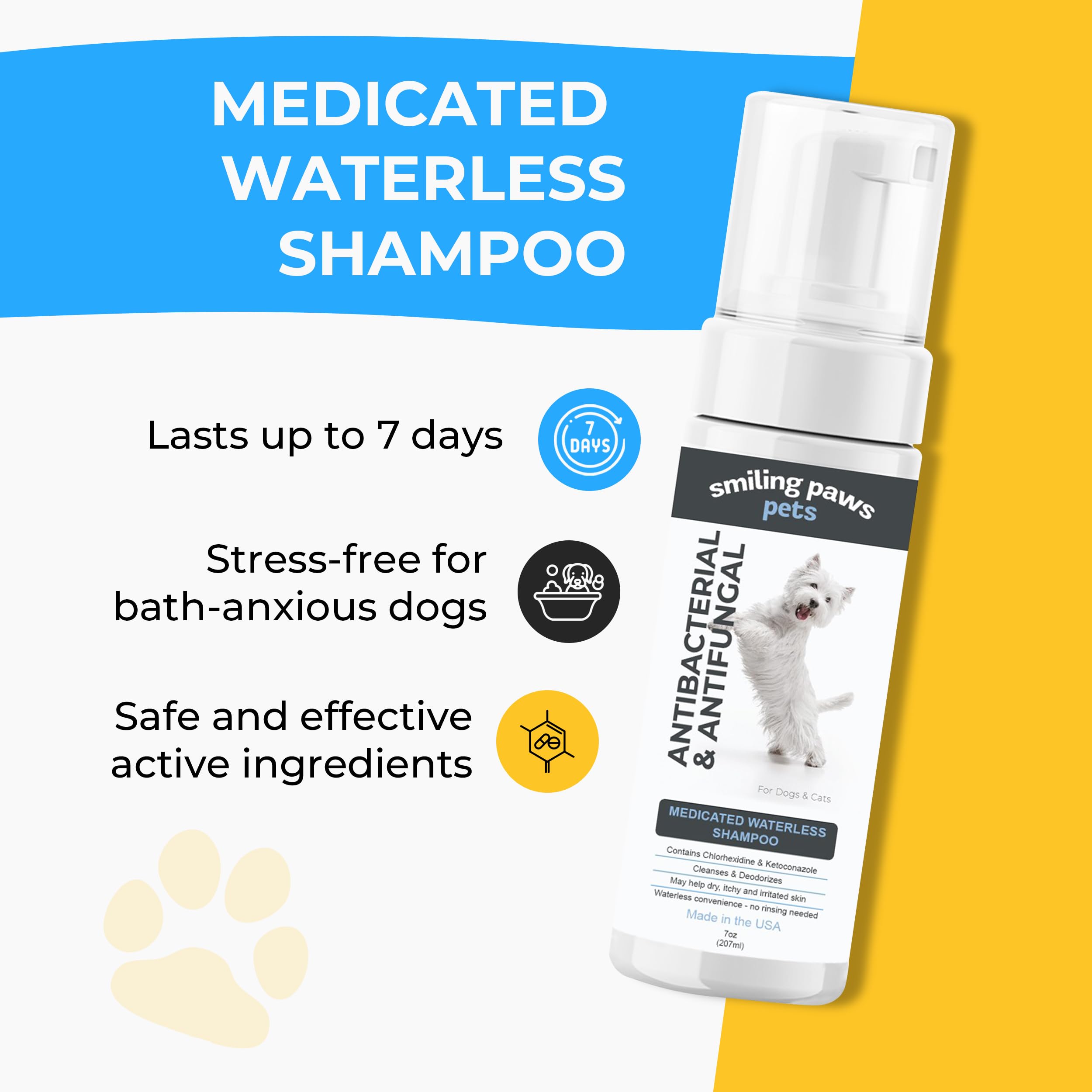 Smiling Paws Pets Medicated Waterless Shampoo label highlights vet-grade ingredients for at-home care.