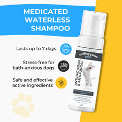 Smiling Paws Pets Medicated Waterless Shampoo label highlights vet-grade ingredients for at-home care.