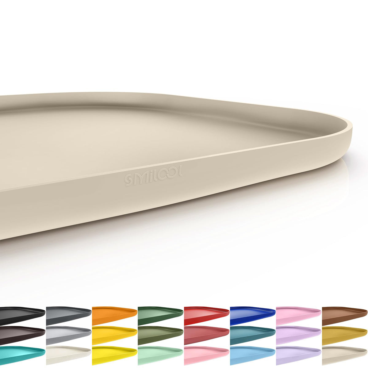 SMILOOL silicone pet mat with raised beige edge prevents spills on large bowls.