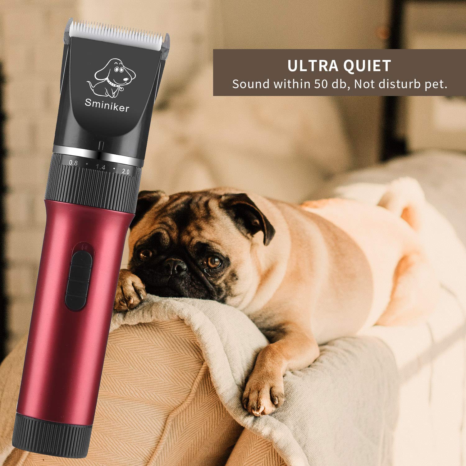 Sminiker low-vibration motor reduces pet stress during grooming.
