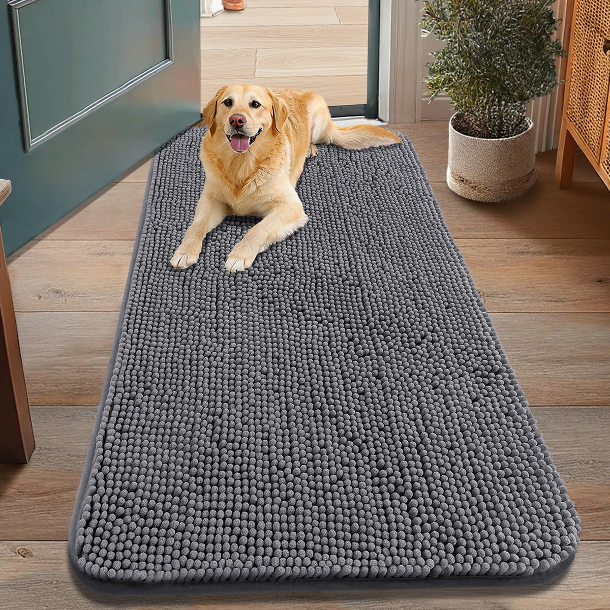 Smiry dog door mat absorbs mud and moisture at the entry.