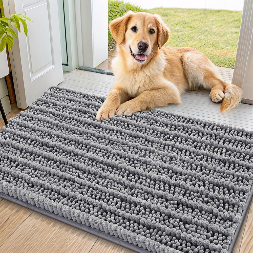 Smiry dog door mat with muddy paws keeps entryways clean and dry.