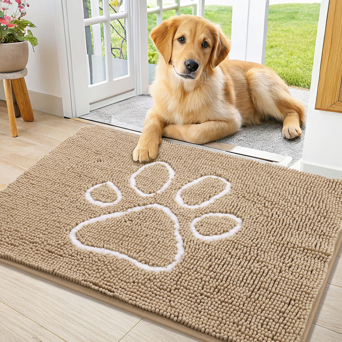 Smiry dog door mat muddy paws closeup shows absorbent chenille texture and comfort.