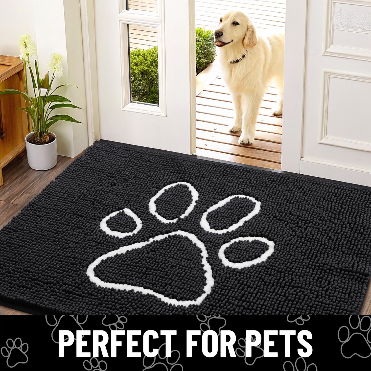 Smiry door mat protects floors from muddy paws before entering.