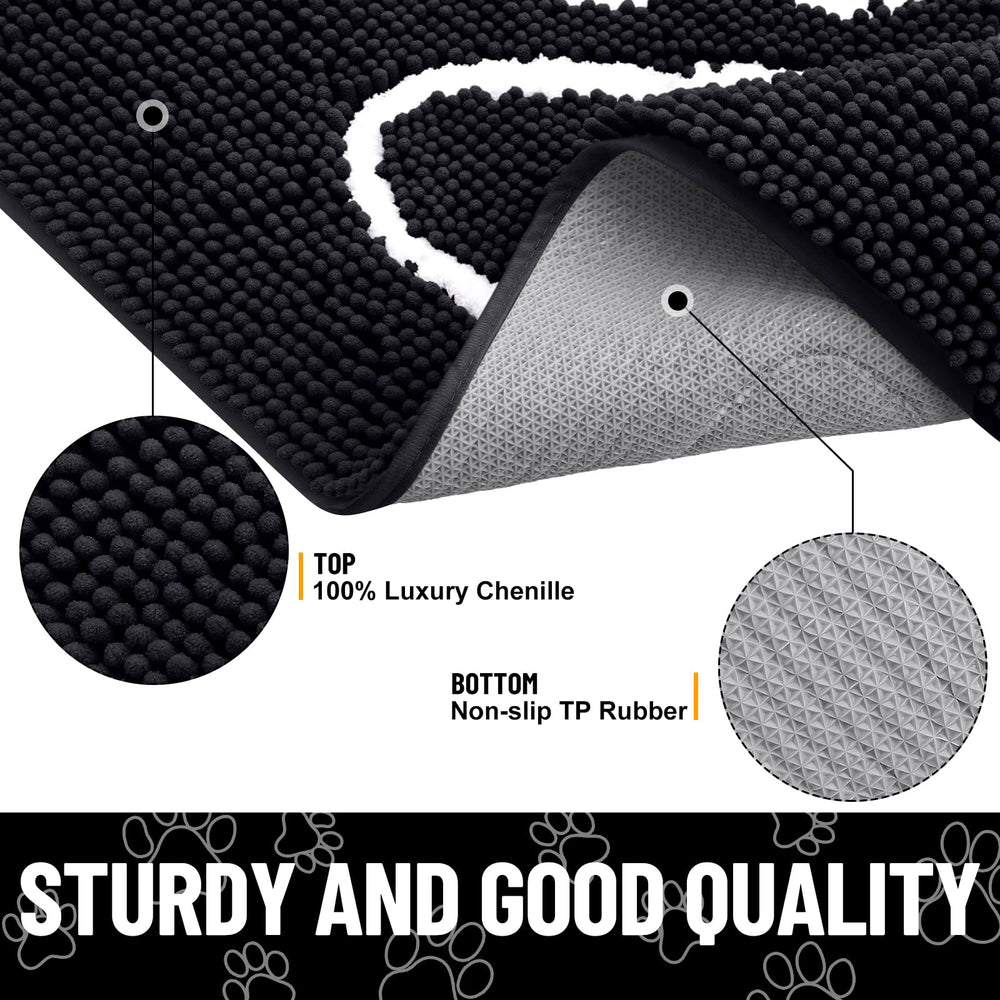Smiry dog mat with non-slip rubber base for secure placement on dry floors.