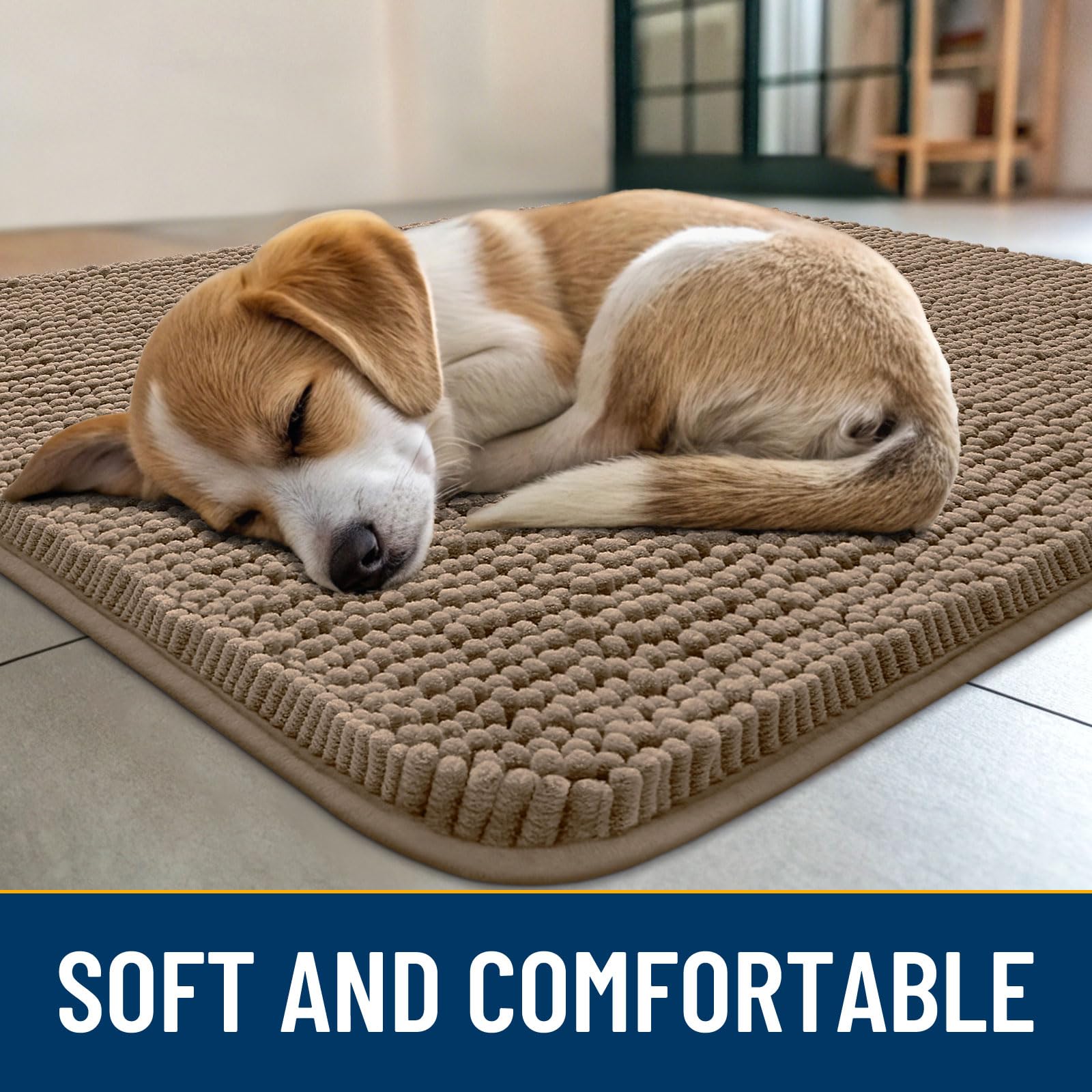 Smiry chenille mat provides soft paw comfort at the doorway.