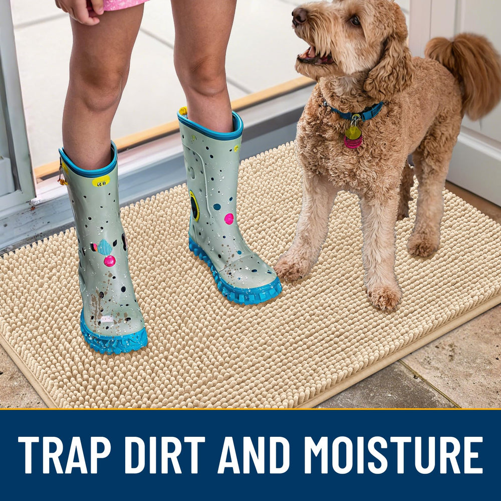 Smiry dog door mat with non-slip rubber backing stays put on dry floors.
