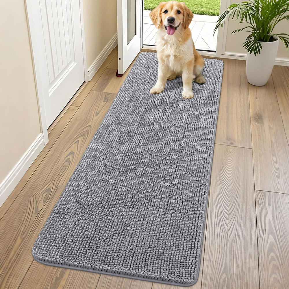 Smiry dog door mat with plush chenille at the front door; soft under paws for cozy entryways.