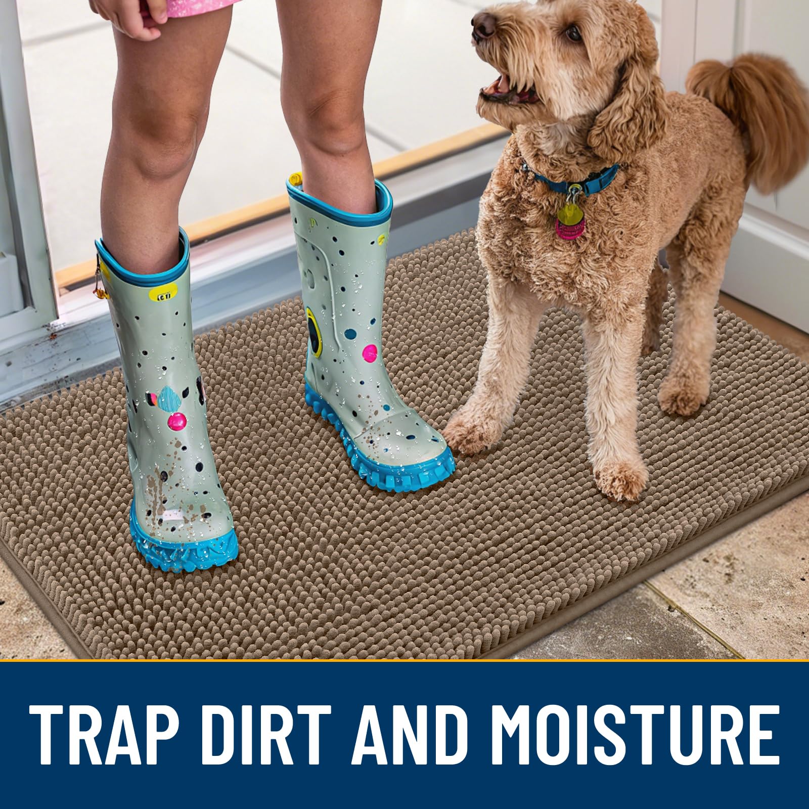 Smiry mat with non-slip rubber backing stays put on dry floors.