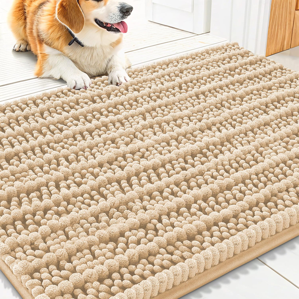 Smiry Dog Door Mat with soft plush chenille provides paw comfort at the entry