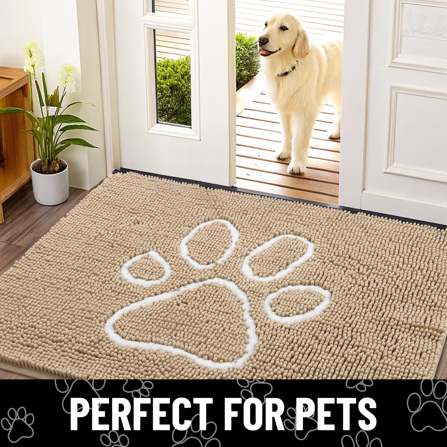 Smiry durable chenille mat withstands daily traffic from pets.