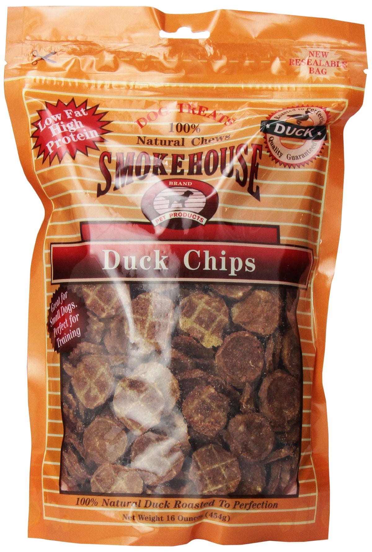 Smokehouse Treats Duck Chips packaging with resealable bag for freshness