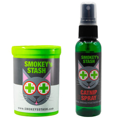 Smokey's Stash catnip spray bottle ready for quick indoor playtime.