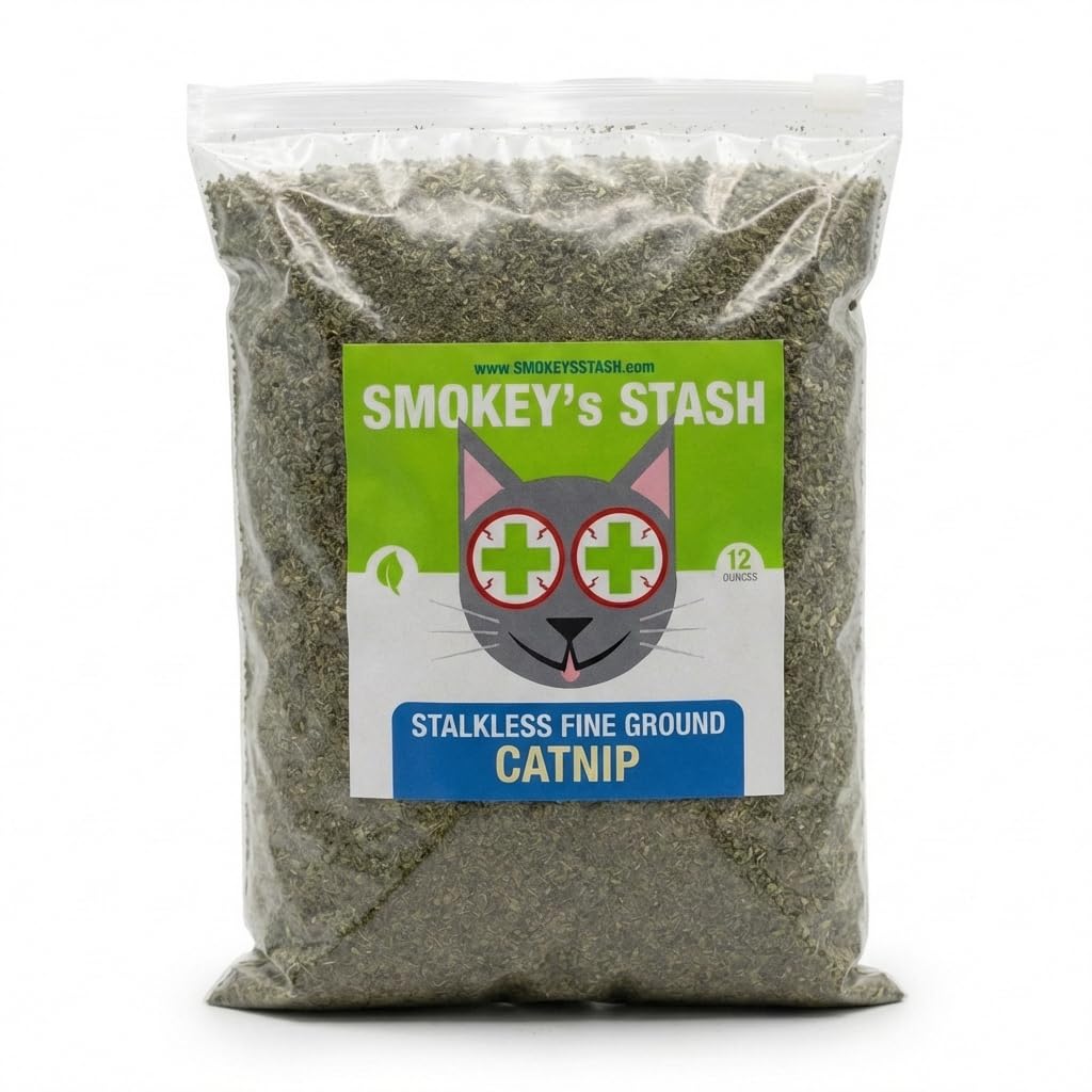 Smokey's Stash catnip stalkless ground bag front, bulk value for multi-cat homes.