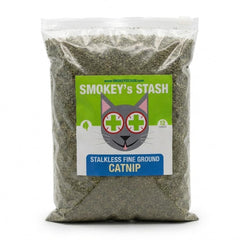 Smokey's Stash catnip stalkless ground bag front, bulk value for multi-cat homes.