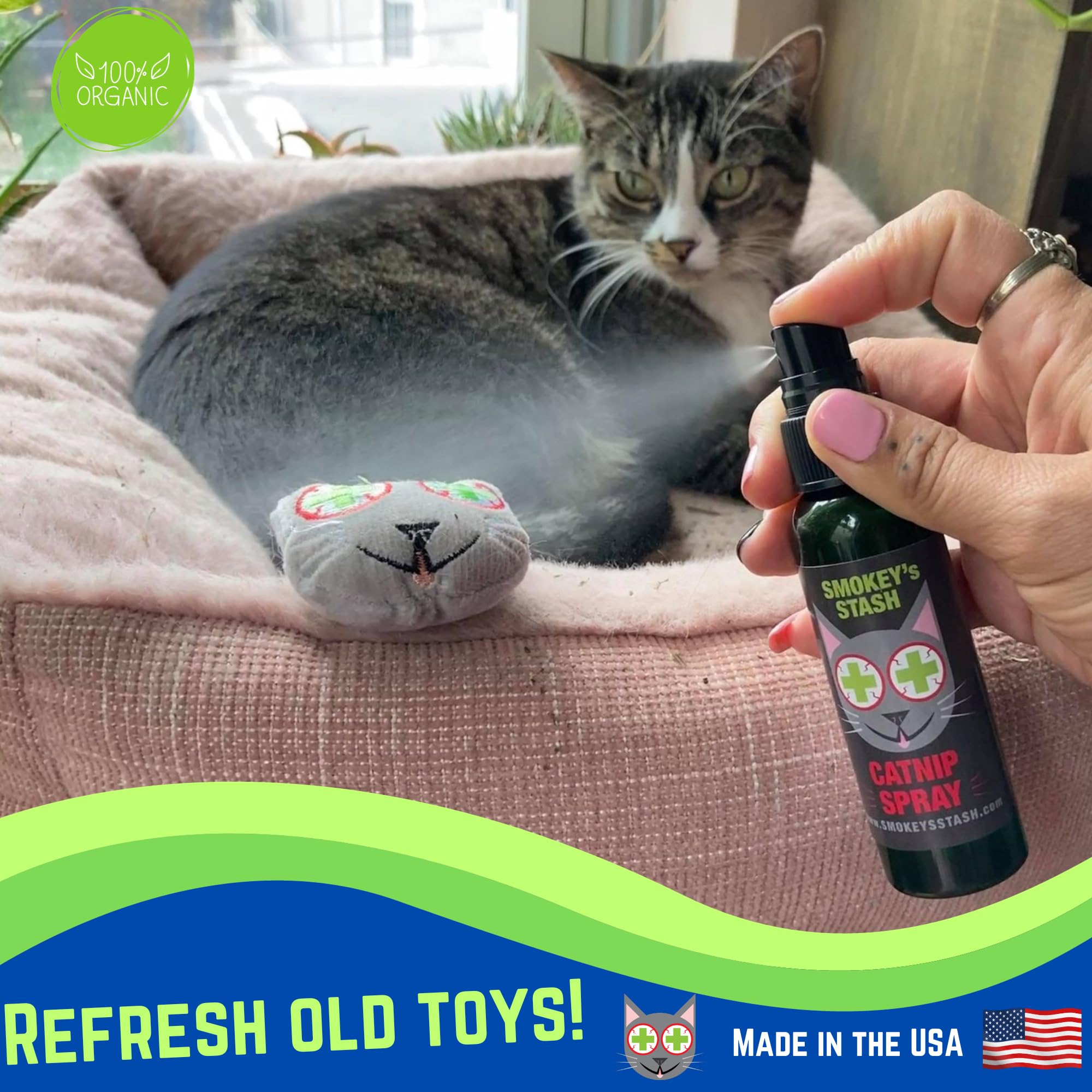 Smokey's Stash dried catnip can open for lasting cat enrichment.