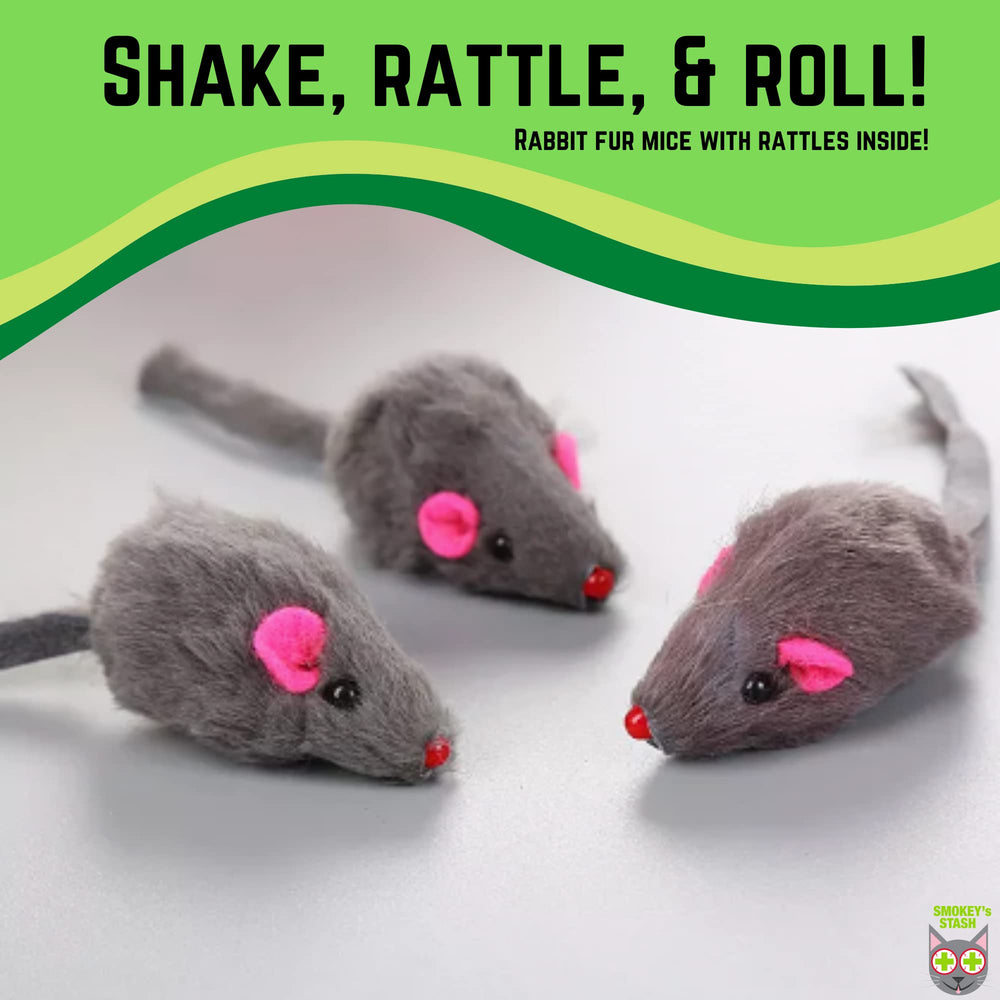 Smokey's Stash gray mouse toy in action for chasing and pounce fun.