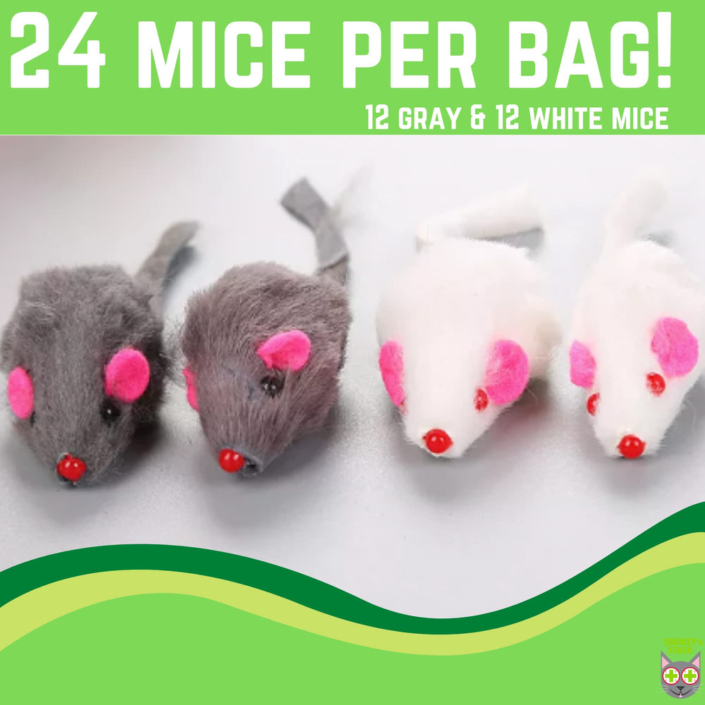 Pack includes 12 mice in white and gray with a light rattle.