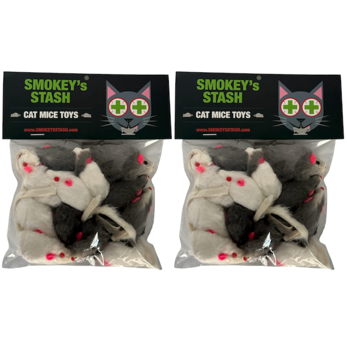 Smokey's Stash white-gray rabbit fur mouse toy close-up for soft interactive play.