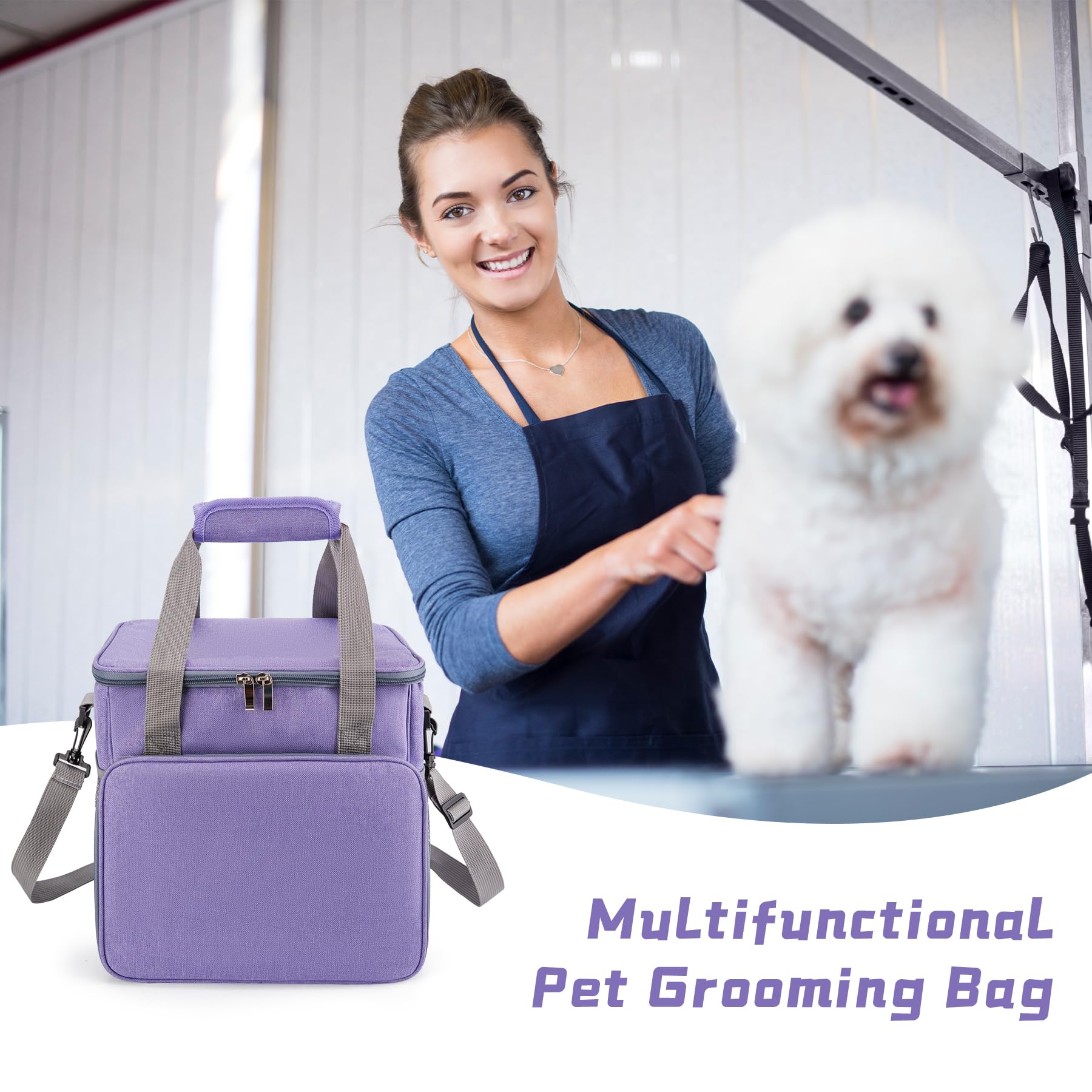 SMYV grooming bag in use with a dog during grooming session.