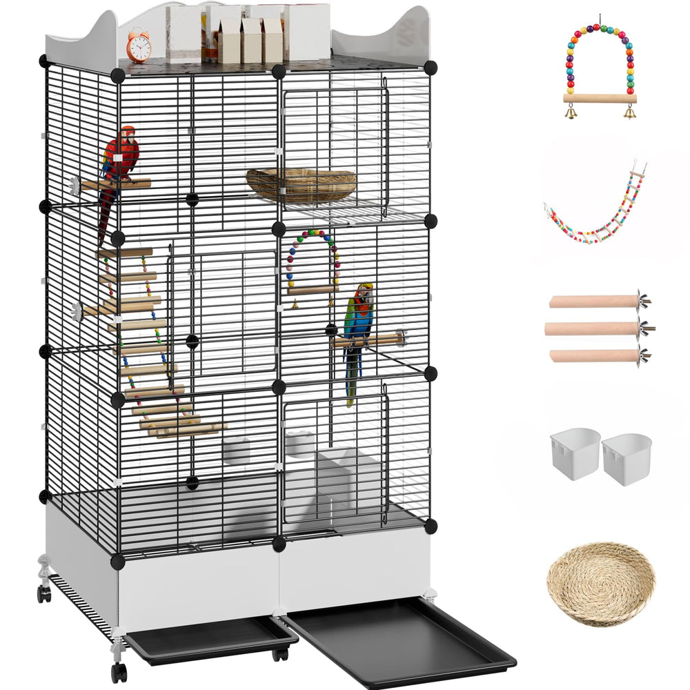 SNAAT 57-inch encrypted bird cage with top storage shelf keeps toys organized.