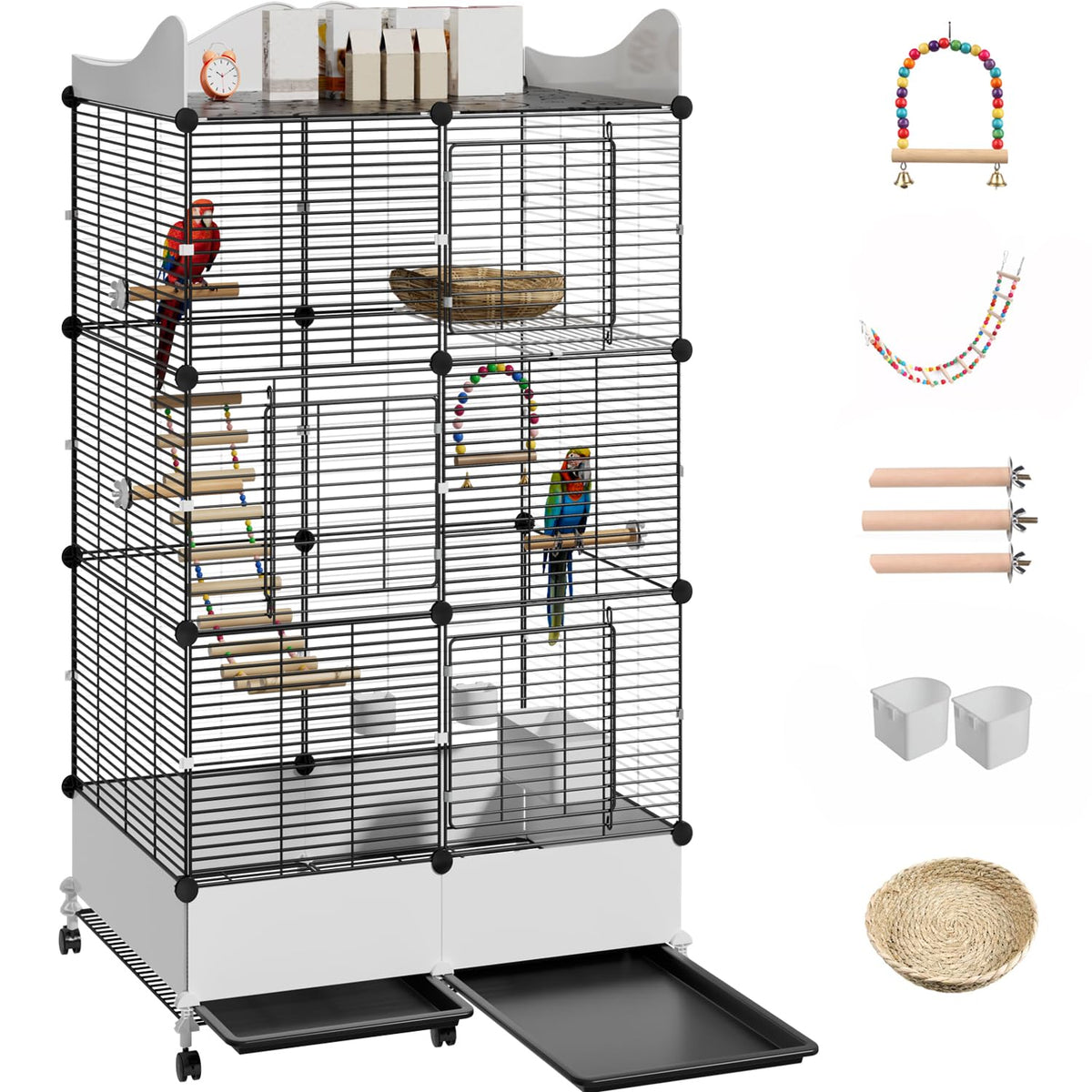 SNAAT 57-inch encrypted bird cage with top storage shelf keeps toys organized.