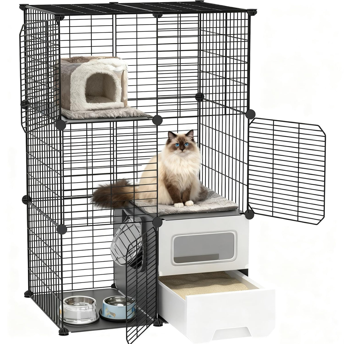 SNAAT cat cage with built-in indoor litter box area for clean play