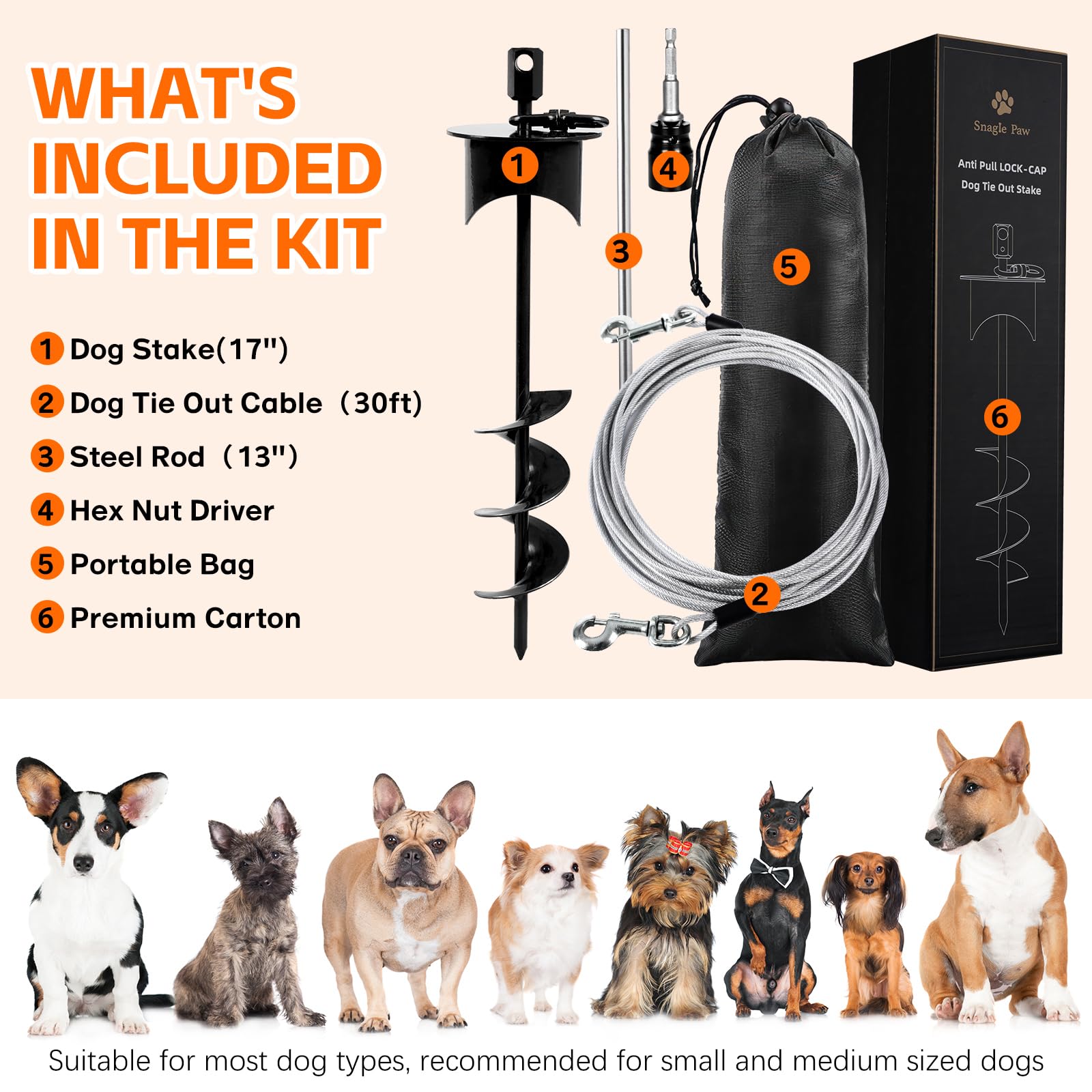 Snagle Paw all-in-one pack includes stake, cable, and accessories.