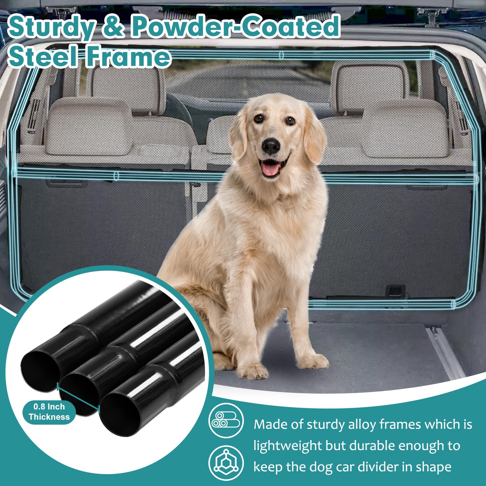Snagle Paw barrier fits 50 inch wide to 42 inch top dimensions for SUVs.
