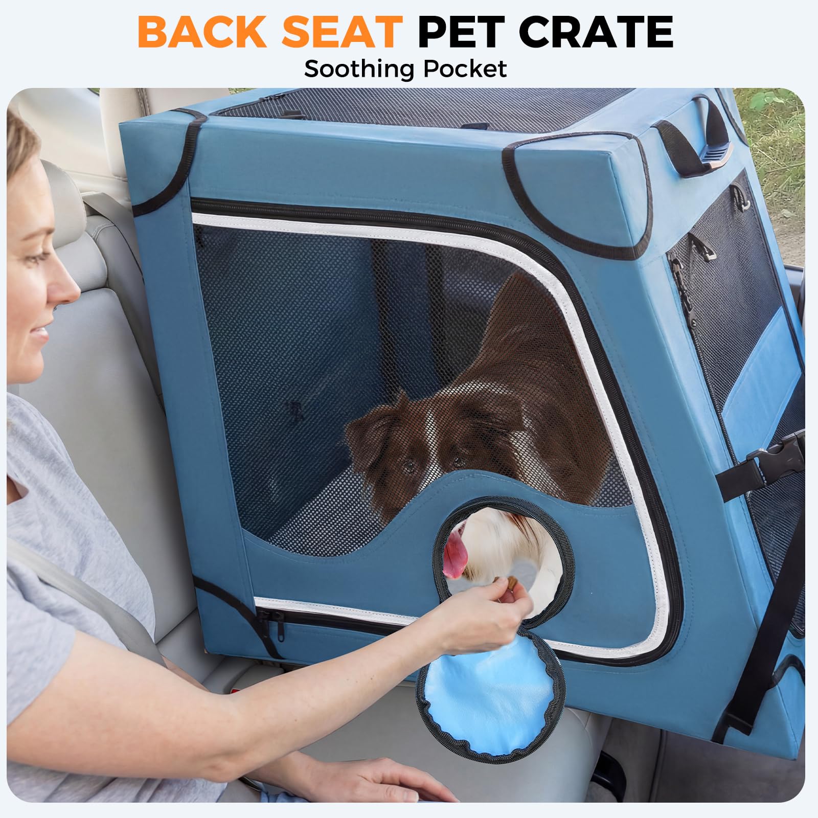 Crate secured by seatbelt and headrest straps during drives