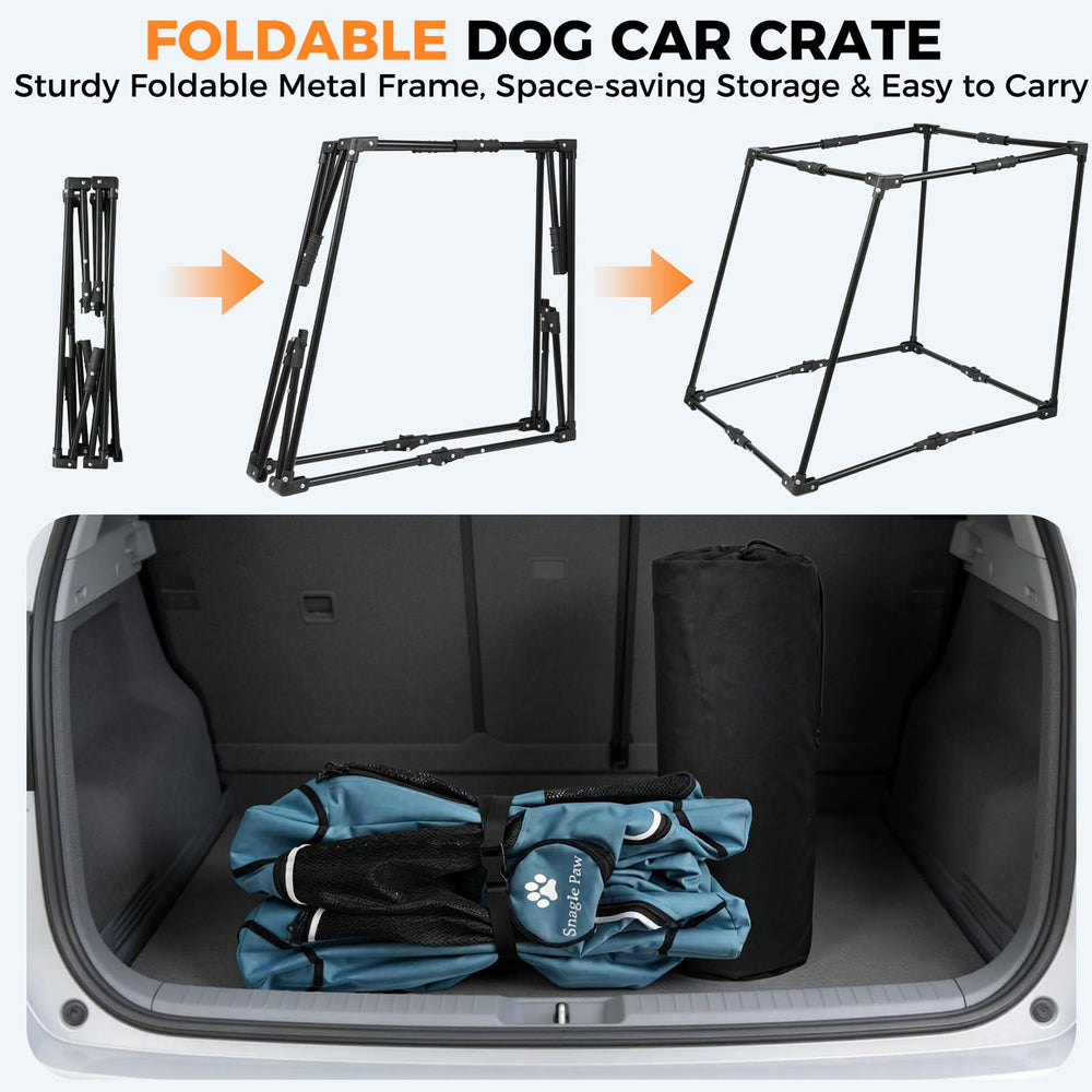 Snagle Paw crate secures with seat belt and headrests for road safety