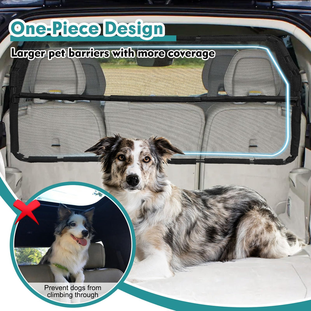 Snagle Paw barrier at back seat area demonstrates wide coverage and pet safety during travel