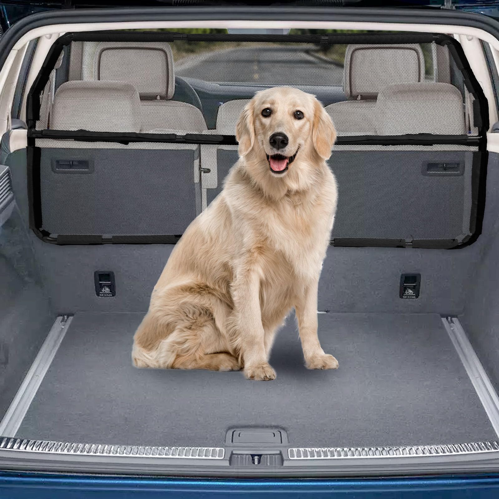 Snagle Paw dog car barrier front view shows sturdy alloy frame for secure backseat protection