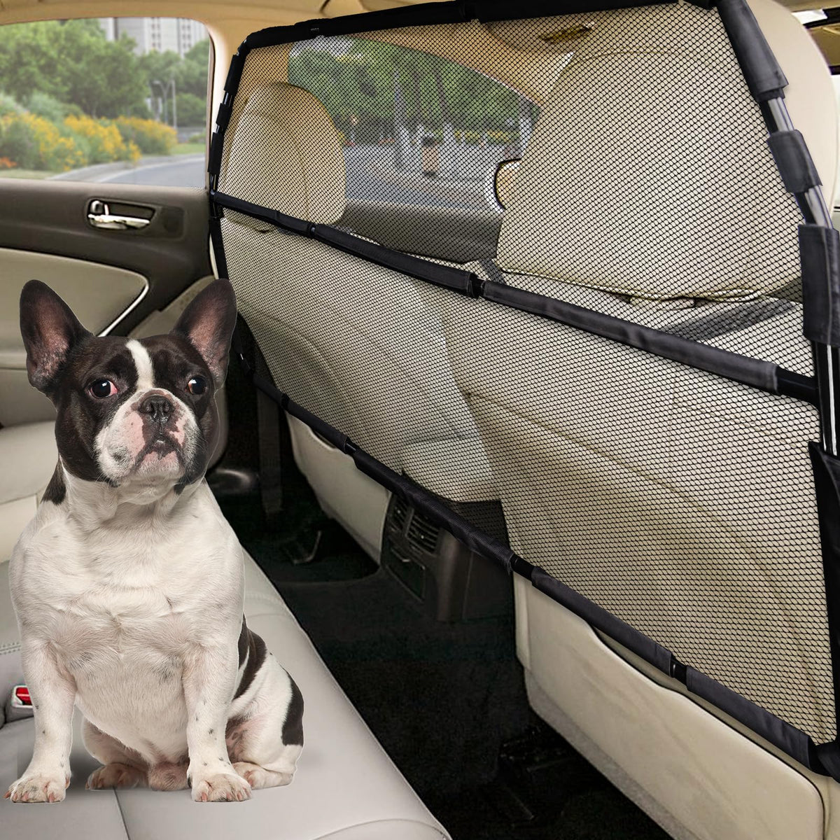 Snagle Paw dog car barrier provides full back seat coverage for safe trips.