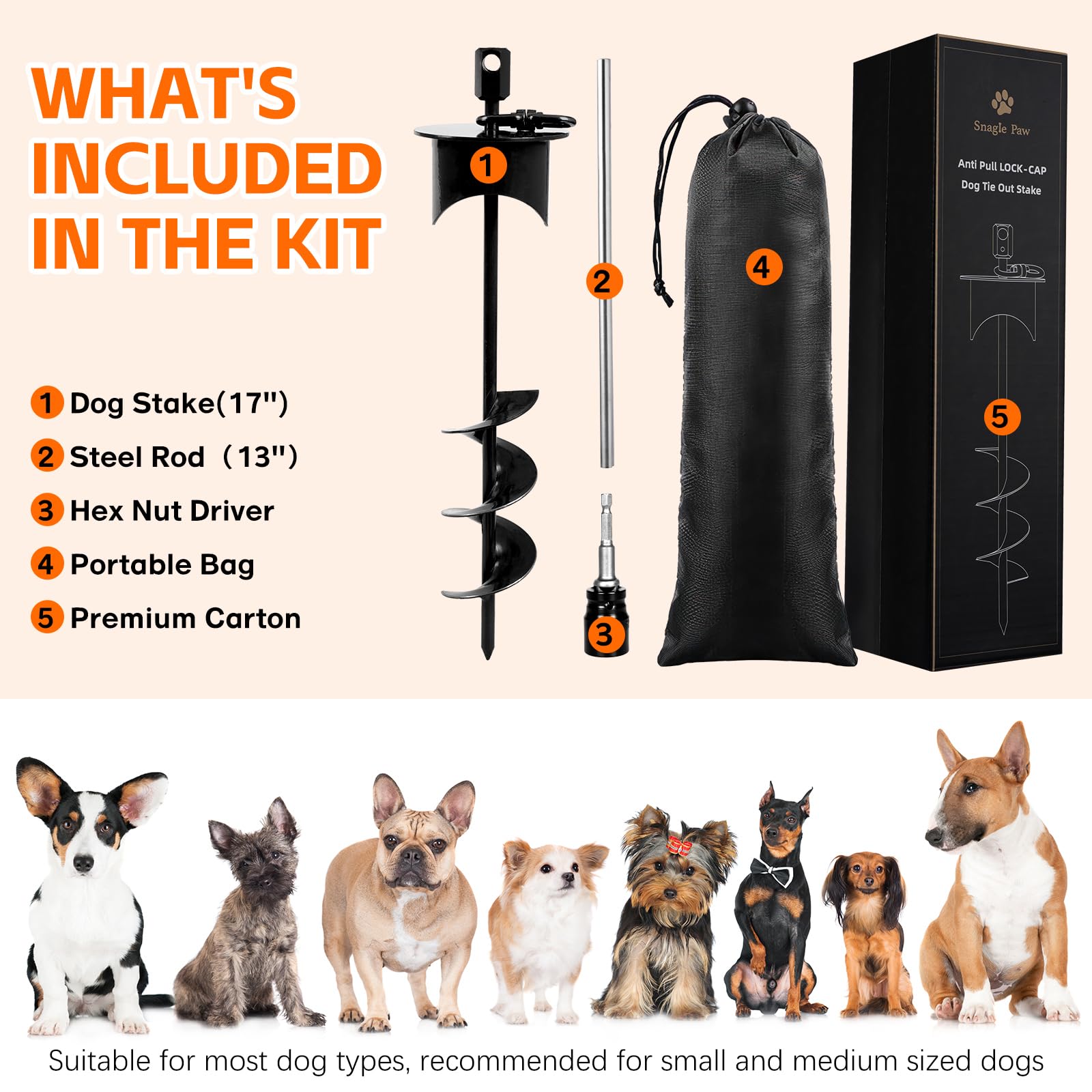 Includes lock-cap stake, steel rod, bag, and driver for outdoor use