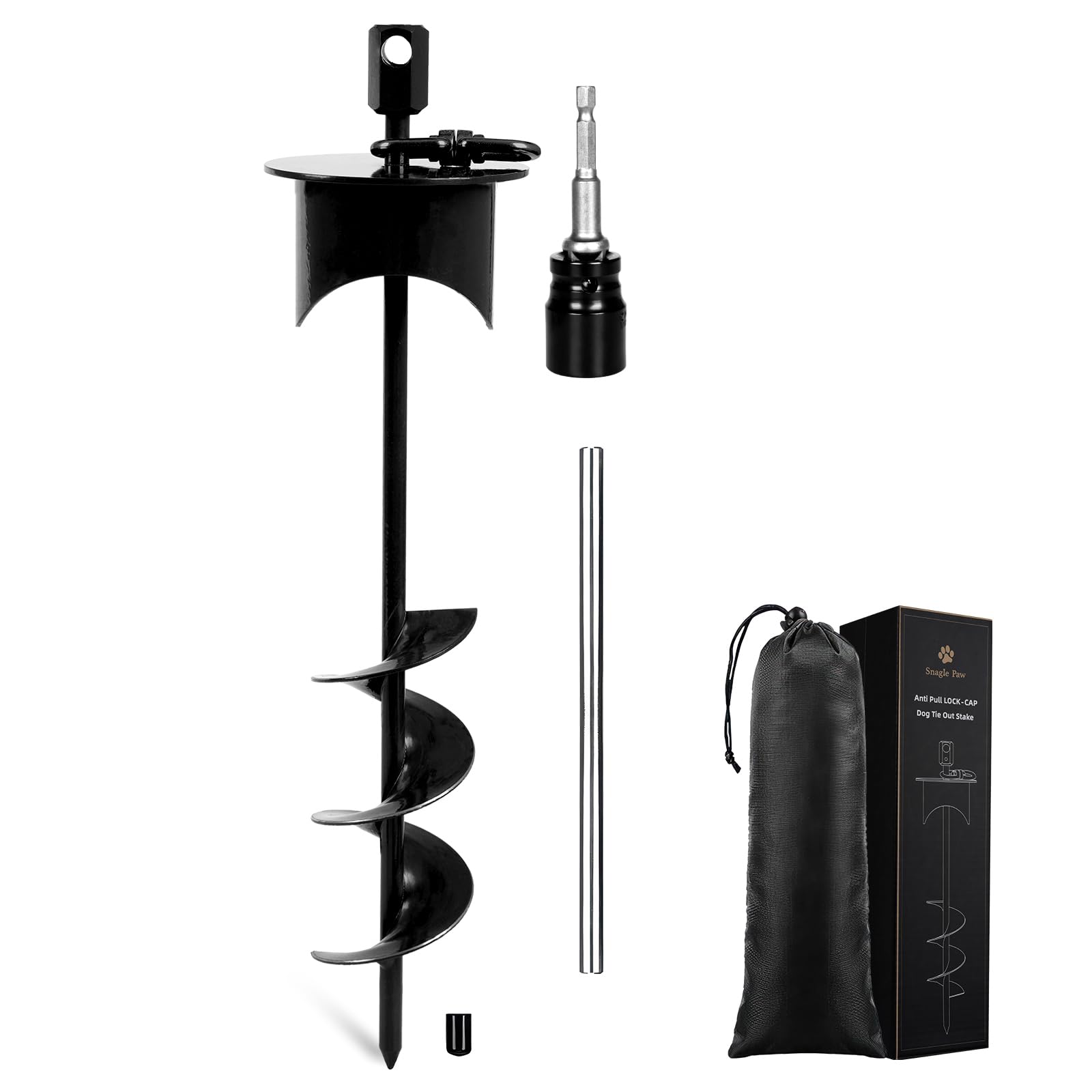 Snagle Paw dog tie-out stake with lock-cap for secure outdoor anchoring