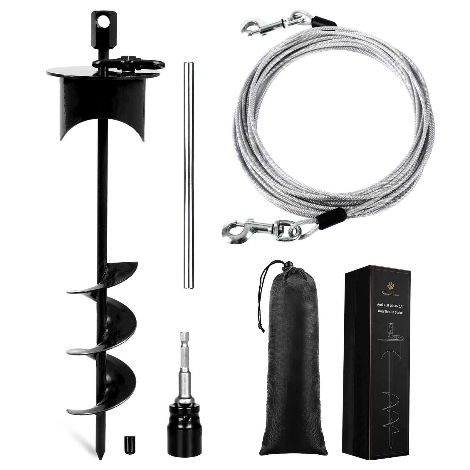 Snagle Paw lock-cap stake with 20ft cable secures dogs safely outdoors.