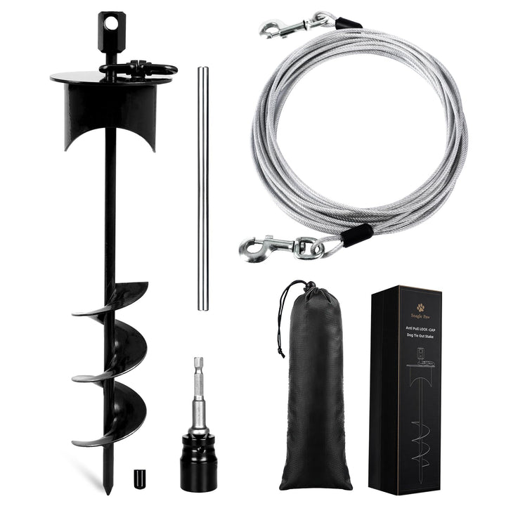 Snagle Paw lock-cap stake with 20ft cable secures dogs safely outdoors.
