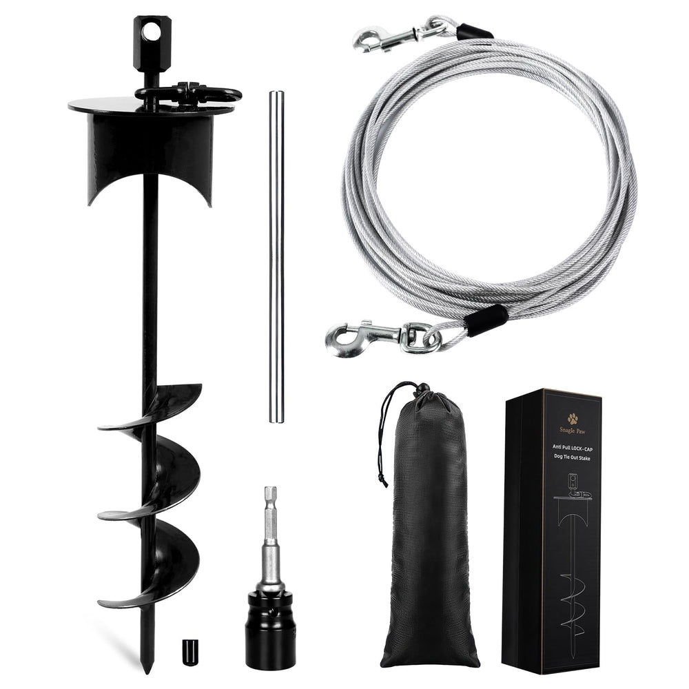 Snagle Paw lock-cap stake with 30ft dog tie-out for outdoor use.